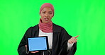 Woman, lawyer and tablet presentation, green screen and teaching for attorney or legal information or advice. Show, digital tracking markers and advocate, judge or young person on studio background