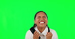 Happy woman, phone call and dance on green screen in celebration for winning against a studio background. Excited female person in success on mobile smartphone for good news, prize or bonus promotion
