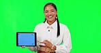 Showing, green screen and face of a woman with a tablet for information, app and website. Laughing, mockup and portrait of an employee with tracking markers technology isolated on a studio background