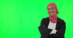 Show, judge and arms crossed with face of muslim woman on green screen for idea, pointing and justice. Lawyer, deal and mockup with portrait of advocate on background for attorney and promotion space