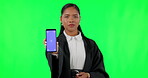 Phone, green screen and face of business woman and tracking markers for show, social media or internet. Online, legal and contact with portrait of lawyer on studio background for technology mockup