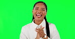 Happy woman, applause and well done on green screen for congratulations against a studio background. Portrait of female person clapping hands for winning, achievement or good job in success on mockup
