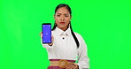 Phone, green screen and sad with business woman and tracking markers for show, social media or internet. Headache, website and frustrated with portrait of employee on studio background for mockup