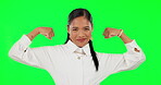 Woman, face and champion with power on green screen, feminism and activist for gender equality on studio background. Winning, female person flexing and activism with empowerment, strong with muscle