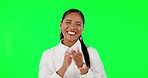 Happy woman, applause and celebration on green screen for congratulations against a studio background. Portrait of female person clapping hands for winning, achievement or well done and good job