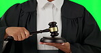 Green screen, judge or hands with gavel of law, trial or attention to justice, auction or studio background. Closeup, lawyer and hammer of legal authority, rule for order or constitution in courtroom