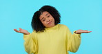 Shrug, decision and face of a woman on a green screen for a choice, option or confused. Question, portrait and a girl with confusion, unsure or puzzled gesture isolated on a blue background in studio