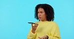 Talking, contact and a woman on a phone call on a green screen isolated on a blue background in studio. Conversation, mockup and a girl with a mobile for a voice or audio message and communication