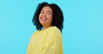 Happy, laughing and face of a woman on a green screen isolated on a blue background in studio. Smile, beautiful and portrait of a young girl with a laugh, happiness and confident with mockup space