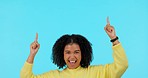 Presentation, woman pointing up for promotion and against a green screen with a smile. Announcement or marketing, mockup space or giveaway and female person point for advertising information