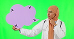 Thinking, speech bubble and doctor with face of muslim woman on green screen for mockup, planning and decision. Medical, healthcare and medicine with portrait of person on studio background for idea