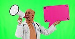 Muslim woman, doctor and megaphone with speech bubble in protest on green screen against a studio background. Portrait of medical female activist with social media icon for voice on mockup space
