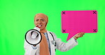 Muslim woman, doctor and megaphone with speech bubble on green screen against a studio background. Portrait of medical female activist and social media icon in protest, march or voice on mockup space
