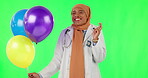 Wish, balloons and doctor with face of muslim woman on green screen for celebration, birthday or success. Medical, medicine and healthcare with portrait of person on studio background for party event