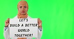 Green screen, protest and face of Muslim woman with poster for activism, freedom and equality. Discrimination, racism and portrait of female activist with banner for change, justice and human rights