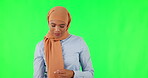 Education, teacher and a muslim woman on green screen with cards in studio for a study lesson. Portrait, picture and school with a female educator teaching a class for child development on chromakey