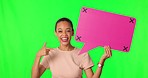 Green screen face, speech bubble or happy woman point at good feedback review, opinion or social media voice. Chroma key portrait, tracking marker or excited person communication on studio background