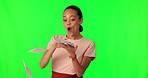 Throw, money and face of woman on green screen, winner bonus, success and financial freedom or lottery. Excited african person or winner hands for money rain, profit or cashback on studio background
