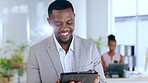 Funny, tablet and businessman laughing at social media meme in the internet or online while working in an office. Joke, corporate and black man entrepreneur laugh at fake news on the web or website