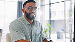 Programmer, computer or face of happy man in office excited or empowered with positive mindset. Portrait, confidence or proud web developer smiling with vision, glasses or mission focus at a pc desk