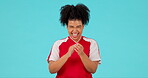 Celebrating, woman clapping her hands and against a blue background happy for success with sports tshirt. Achievement or winner, applause or good news and female person clap for congratulations 