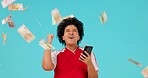 Money rain, phone or happy woman excited, celebrate and cheers for euro bills, cash reward or bonus salary. Financial freedom, winner celebration or person reading cellphone news on studio background