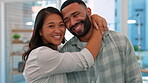 Laughing, face and a couple hug in a house for happiness, marriage and gratitude together. Smile, care and portrait of a man and woman in an embrace in an apartment for romance, bonding and relax