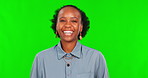 Smile, black woman laughing and happy against a green screen for health wellness. Happiness or funny joke, mock up space or fun and African female person cheerful or positive against a chroma key