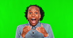 Surprise, excited and business with black woman on green screen for good news, announcement and wow. Happy, notification and shocked with portrait of female employee on studio background for success