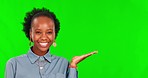 Face, palm presentation and black woman on green screen in studio isolated on a background. Portrait, product placement and happy person with advertising, marketing or branding for hand mockup space.