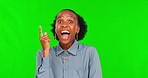 Thinking, idea and face of black woman in green screen studio with aha, wow and solution on mockup background. Question, answer and portrait of African female person with eureka, expression or emoji