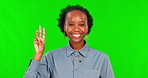 Green screen, black woman and counting on hand, fingers or teaching kids a high five with happiness on studio background. Smile, face and girl to learn math, count or mathematics numbers on hands