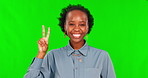 Black woman, green screen and counting on hand, fingers or teaching kids a high five with happiness on studio background. Smile, face and girl to learn math, count or mathematics numbers on hands