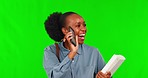 Phone call, wave and black woman with documents on green screen in studio isolated on background mockup. Mobile, hello and happy African business person in conversation, walking or commute to travel.