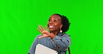 Running, late and woman in studio with green screen checking the time with business documents. Rush, paperwork and African female person calling cab, taxi or public transport by chroma key background
