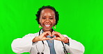 Heart, green screen and woman doctor for cardiovascular check, healthcare and cholesterol, care sign or service. Happy, medical and african person or cardiologist with love emoji on studio background