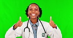 Doctor, thumbs up and black woman success on a green screen for support, thank you and medicine. Portrait, smile and African surgeon with a gesture for healthcare isolated on mockup studio background