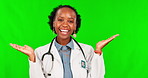 Choice, decision and face of female doctor on green screen for deal, announcement or advertising. Medical, medicine and healthcare with portrait of black woman on studio background for offer mockup