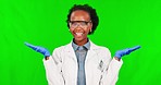 Black woman, scientist and palm on green screen for choice, advertising or decision against a studio background. Portrait of African female person in science showing hands for advertisement or choose