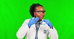 Chemical, green screen and female scientist in a studio smelling a liquid in glass beaker. Thumbs up, science experiment and portrait of African woman chemist with no gesture by chroma key background