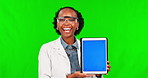 Black woman, scientist and green screen with mockup on tablet, tracking markers or face for advertising in studio. Science review, digital research or female model with space for marketing innovation