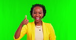 Face, excited and black woman with thumbs up on green screen isolated on a studio background mockup. Portrait, like hand gesture and happy business person with emoji for yes, success and feedback.