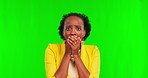 Black woman, surprise and face with fear on green screen, shock reaction to announcement on studio background. Wow, alert and afraid with drama, news and female person with alarm and mockup space