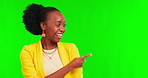 Green screen, presentation or happy black woman with finger pointing to announcement, news or promo. Review, show or African female person with discount deal, coming soon or info on mockup background