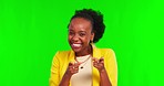 Face, green screen and black woman pointing to you, excited and celebration on a studio background. Portrait, female person or girl with motivation, hand gesture and selection with decision or choice