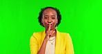 Black woman, hush and finger by green screen, face or smile for secret, gossip or deal in mockup. African entrepreneur, businesswoman or cover lips for quiet, sale or promo with icon, emoji and sign