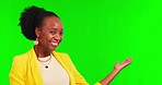 Green screen, hand pointing and face of black woman with agreement, yes and vote on mockup background. Studio, announcement and portrait of happy African lady person with approval, review or feedback