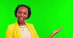Green screen, presentation and face of black woman with hand pointing to announcement, news or promo on mockup background. Review, portrait and African female person with message, coming soon or info