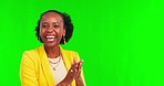 Green screen, applause and face of black woman with sale, presentation or promo celebration on mockup background. Deal, portrait and happy African lady clapping hands in support of coming soon news