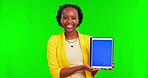 Woman, tablet and green screen with smile on face for review, app logo or mockup space for branding. African lady, digital touchscreen and nod yes in promotion, choice or agreement in studio portrait